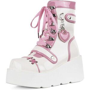 ✨Women's White Wedge High Heel Booties Goth Round Toe Combat Heart Chain Boots